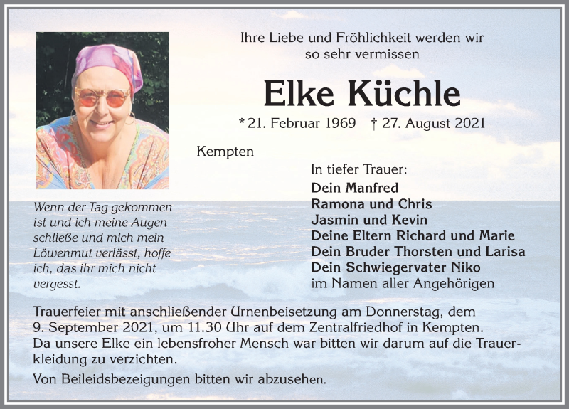 Traueranzeige für Elke Küchle vom 04.09.2021 aus Allgäuer Zeitung,Kempten