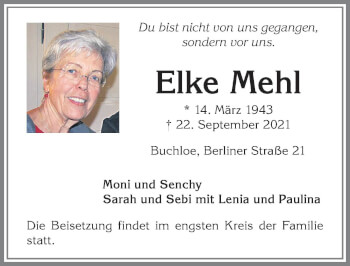 Traueranzeige von Elke Mehl von Allgäuer Zeitung, Kaufbeuren/Buchloe