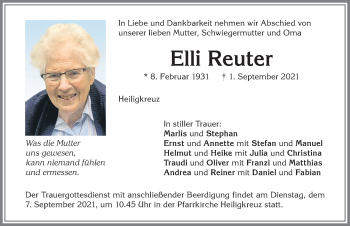 Traueranzeige von Elli Reuter von Allgäuer Zeitung,Kempten