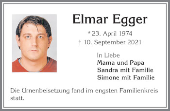 Traueranzeige von Elmar Egger von Allgäuer Zeitung,Kempten