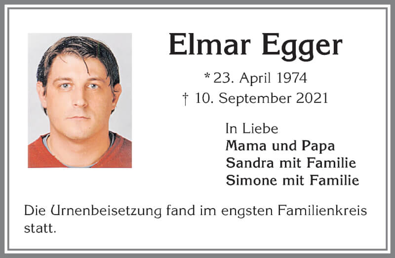  Traueranzeige für Elmar Egger vom 20.09.2021 aus Allgäuer Zeitung,Kempten