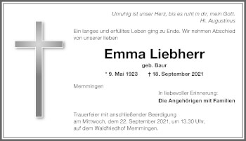 Traueranzeige von Emma Liebherr von Memminger Zeitung