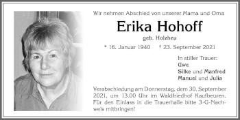 Traueranzeige von Erika Hohoff von Allgäuer Zeitung, Kaufbeuren/Buchloe