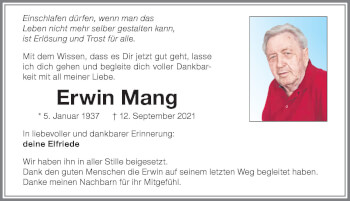 Traueranzeige von Erwin Mang von Memminger Zeitung