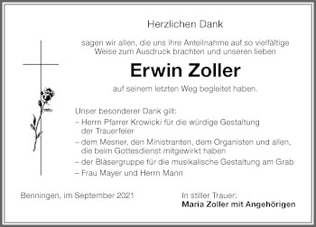 Traueranzeige von Erwin Zoller von Memminger Zeitung