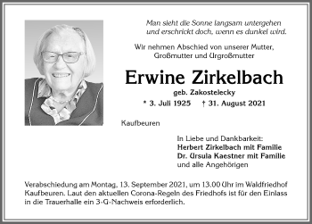 Traueranzeige von Erwine Zirkelbach von Allgäuer Zeitung, Kaufbeuren/Buchloe