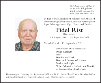 Traueranzeige von Fidel Rist von Der Westallgäuer