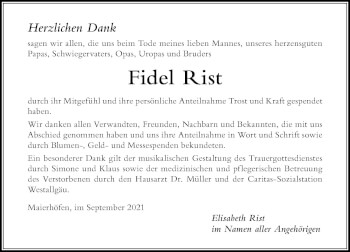 Traueranzeige von Fidel Rist von Der Westallgäuer