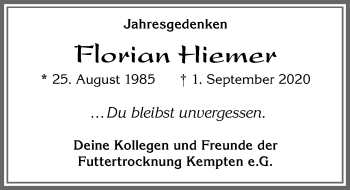 Traueranzeige von Florian Hiemer von Allgäuer Zeitung,Kempten