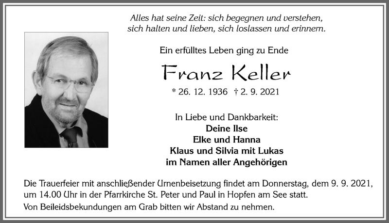  Traueranzeige für Franz Keller vom 08.09.2021 aus Allgäuer Zeitung, Füssen
