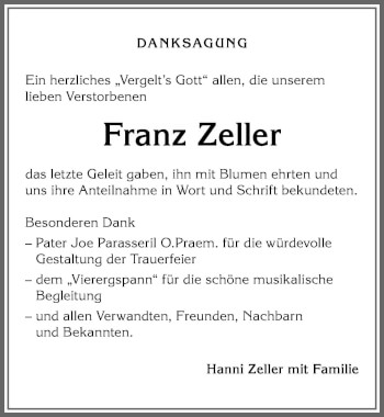 Traueranzeige von Franz Zeller von Allgäuer Anzeigeblatt