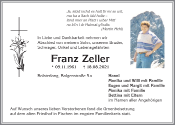 Traueranzeige von Franz Zeller von Allgäuer Anzeigeblatt
