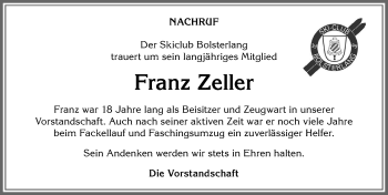 Traueranzeige von Franz Zeller von Allgäuer Anzeigeblatt
