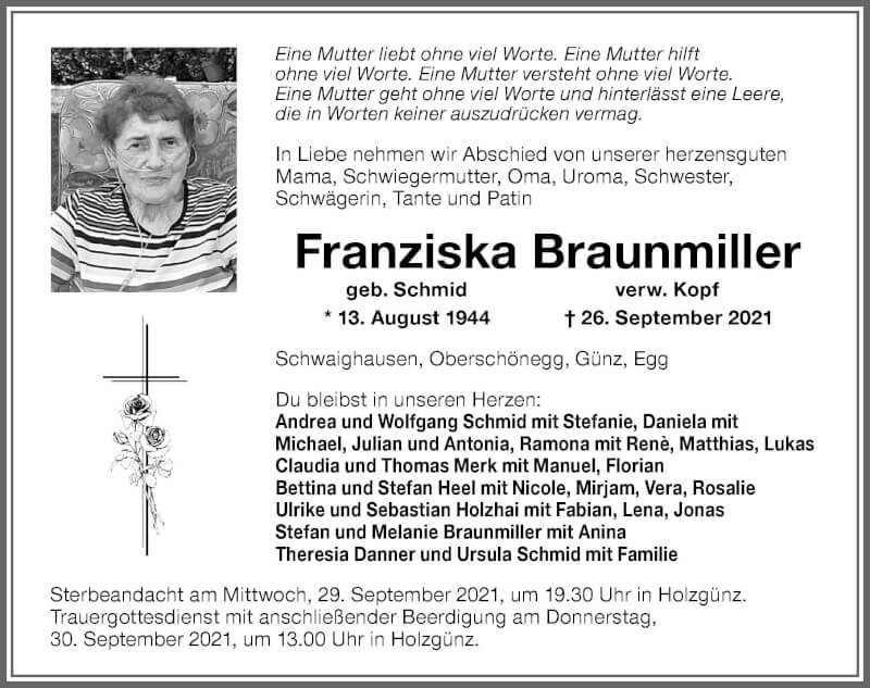  Traueranzeige für Franziska Braunmiller vom 28.09.2021 aus Memminger Zeitung