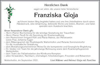 Traueranzeige von Franziska Gioja von Allgäuer Zeitung,Kempten