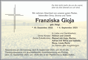 Traueranzeige von Franziska Gioja von Allgäuer Zeitung,Kempten