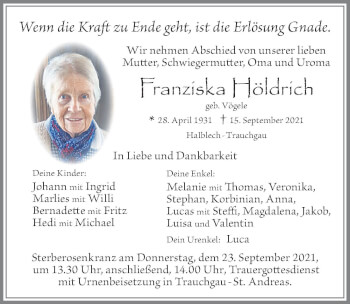 Traueranzeige von Franziska Höldrich von Allgäuer Zeitung, Füssen