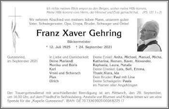 Traueranzeige von Franz Xaver Gehring von Allgäuer Anzeigeblatt