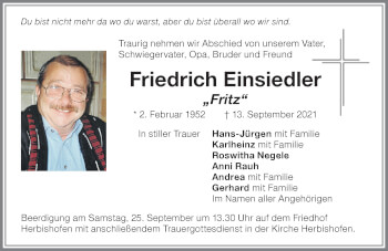 Traueranzeige von Friedrich Einsiedler von Memminger Zeitung