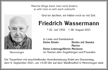Traueranzeige von Friedrich Wassermann von Memminger Zeitung