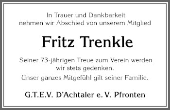 Traueranzeige von Fritz Trenkle von Allgäuer Zeitung, Füssen