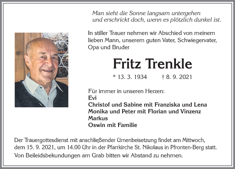  Traueranzeige für Fritz Trenkle vom 11.09.2021 aus Allgäuer Zeitung, Füssen