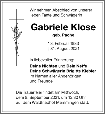 Traueranzeige von Gabriele Klose von Memminger Zeitung