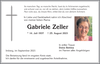 Traueranzeige von Gabriele Zeller von Allgäuer Anzeigeblatt