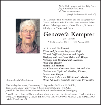 Traueranzeige von Genovefa Kempter von Der Westallgäuer