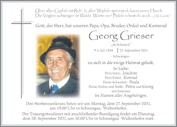 Traueranzeige von Georg Grieser von Allgäuer Zeitung, Füssen
