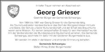 Traueranzeige von Georg Grieser von Allgäuer Zeitung, Füssen
