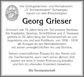 Traueranzeige von Georg Grieser von Allgäuer Zeitung, Füssen