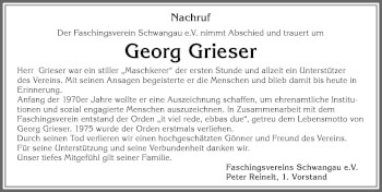Traueranzeige von Georg Grieser von Allgäuer Zeitung, Füssen