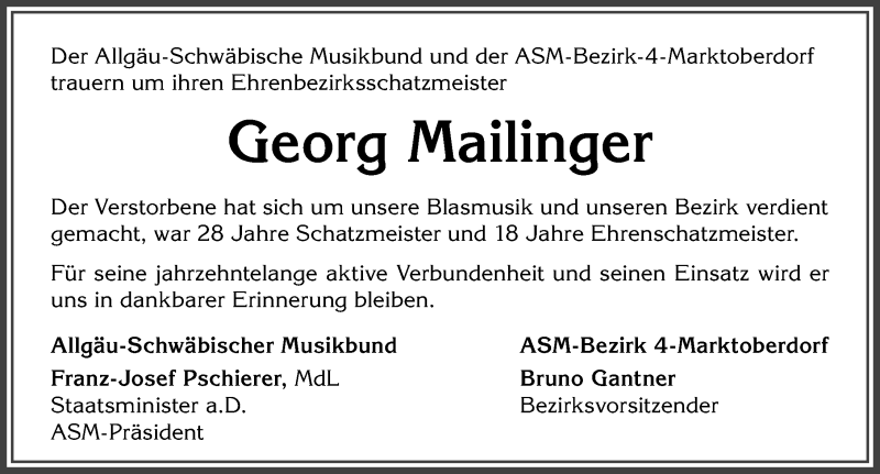  Traueranzeige für Georg Mailinger vom 15.09.2021 aus Allgäuer Zeitung, Marktoberdorf