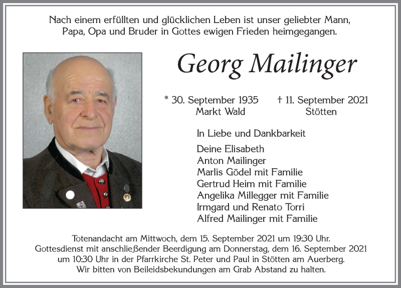  Traueranzeige für Georg Mailinger vom 14.09.2021 aus Allgäuer Zeitung, Marktoberdorf