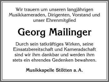 Traueranzeige von Georg Mailinger von Allgäuer Zeitung, Marktoberdorf