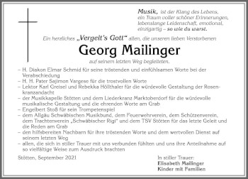 Traueranzeige von Georg Mailinger von Allgäuer Zeitung, Marktoberdorf