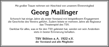 Traueranzeige von Georg Mailinger von Allgäuer Zeitung, Marktoberdorf