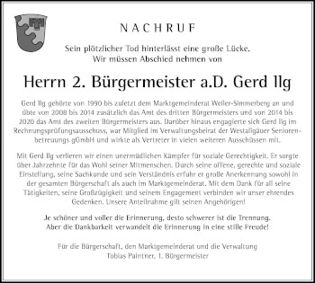 Traueranzeige von Gerd Ilg von Der Westallgäuer