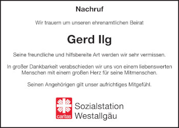 Traueranzeige von Gerd Ilg von Der Westallgäuer