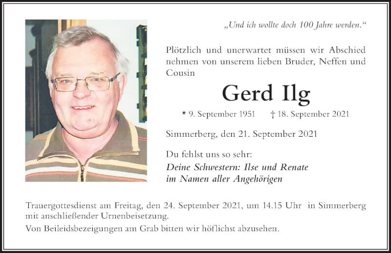  Traueranzeige für Gerd Ilg vom 21.09.2021 aus Der Westallgäuer