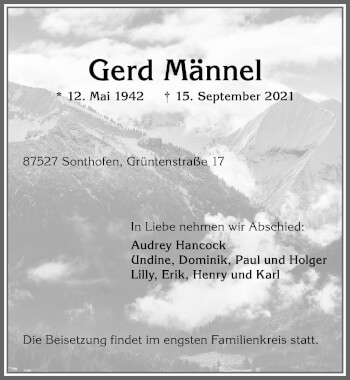 Traueranzeige von Gerd Männel von Allgäuer Anzeigeblatt