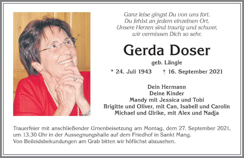  Traueranzeige für Gerda Doser vom 25.09.2021 aus Allgäuer Zeitung