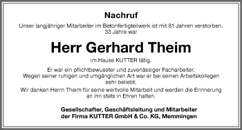Traueranzeige von Gerhard Theim von Memminger Zeitung