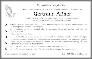Traueranzeige von Gertraud Aßner von Allgäuer Zeitung, Kaufbeuren/Buchloe
