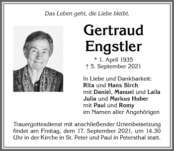 Traueranzeige von Gertraud Engstler von Allgäuer Zeitung,Kempten