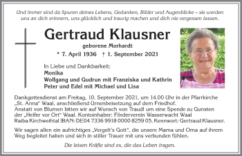 Traueranzeige von Gertraud Klausner von Allgäuer Zeitung, Kaufbeuren/Buchloe