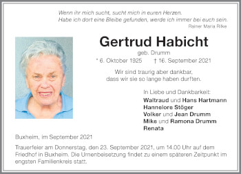Traueranzeige von Gertrud Habicht von Memminger Zeitung