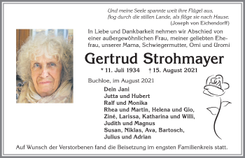 Traueranzeige von Gertrud Strohmayer von Allgäuer Zeitung, Kaufbeuren/Buchloe