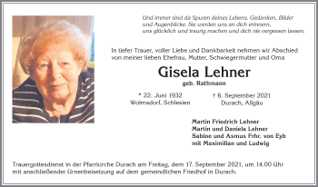 Traueranzeige von Gisela Lehner von Allgäuer Zeitung,Kempten